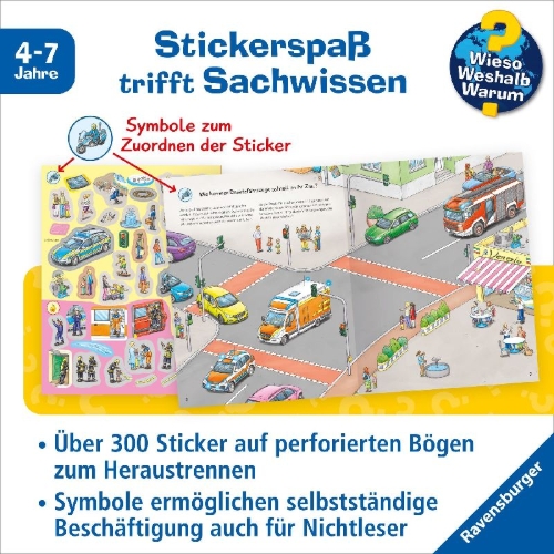 Buchcover und Innenansicht für das Buch: Wieso? Weshalb? Warum? Stickerheft: Einsatzfahrzeuge