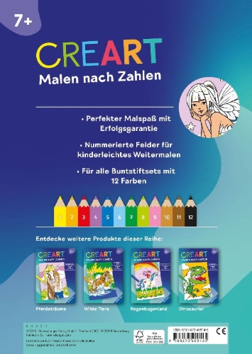 Buchcover und Innenansicht für das Buch: CreArt Malen nach Zahlen ab 7: Feen, Elfen, Meerjungfrauen