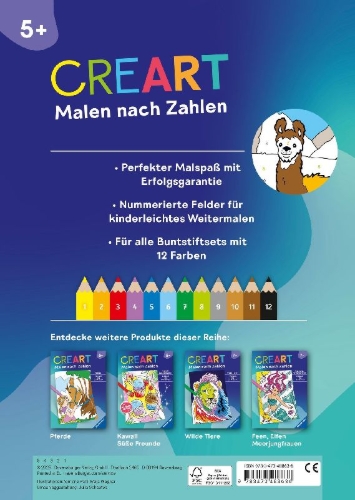 Buchcover und Innenansicht für das Buch: CreArt Malen nach Zahlen ab 5: Süße Tiere