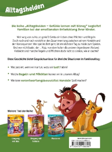 Buchcover und Innenansicht für das Buch: Alltagshelden - Gefühle lernen mit Disney: Disney Der König der Löwen - Keine Pflichten, keine Sorgen? Über Verantwortung und Selbstständigkeit