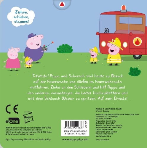 Buchcover und Innenansicht für das Buch: Peppa Pig: Peppa bei der Feuerwehr: Mein großer Schiebespaß