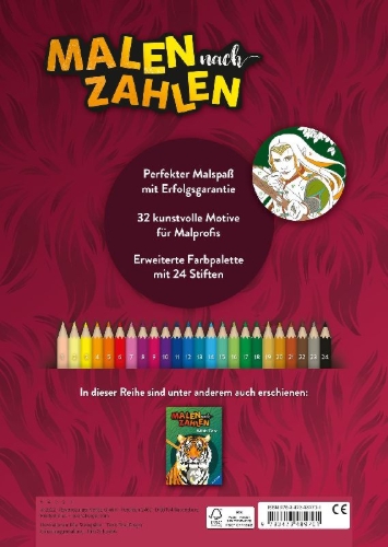 Buchcover und Innenansicht für das Buch: Ravensburger Malen nach Zahlen Fabelwesen - 32 Motive abgestimmt auf Buntstiftsets mit 24 Farben (Stifte nicht enthalten) - Malbuch mit nummerierten Ausmalfeldern für fortgeschrittene Fans der Reihe
