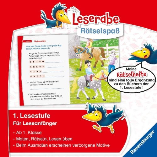 Buchcover und Innenansicht für das Buch: Leserabe Rätselspaß - Zauber-Malrätsel zum Lesenlernen: Pferde (1. Lesestufe)