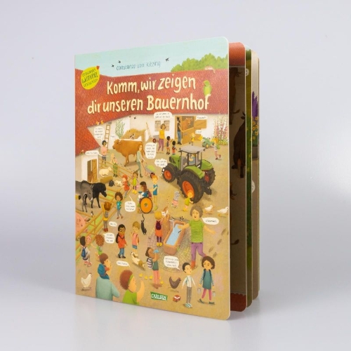 Buchcover und Innenansicht für das Buch: Komm, wir zeigen dir unseren Bauernhof (Constanze von Kitzings Wimmelgeschichten 3)