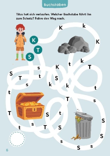 Buchcover und Innenansicht für das Buch: Leserätsel für mutige Kinder - Auf Schatzsuche - Ab 6 Jahren