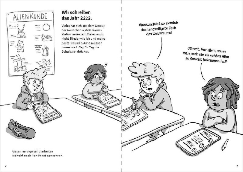 Buchcover und Innenansicht für das Buch: Die Weltraumschule (Band 1) - Erste Stunde: Alienkunde