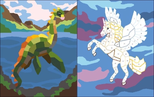 Buchcover und Innenansicht für das Buch: Wir stickern nach Zahlen - Fantasy