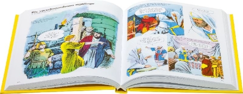 Buchcover und Innenansicht für das Buch: Comic-Reihe "Die Bibel im Bild". 50 Jahre-Jubiläumsausgabe. Kinderbuch-Klassiker ab 8 Jahren mit Geschichten aus dem Alten und Neuen Testament als Comics. 5 Sammelbände im Schuber