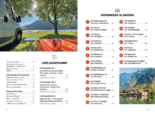 Buchcover und Innenansicht für das Buch: Yes we camp! Wohnmobil-Touren durch Süddeutschland