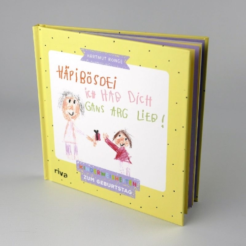Buchcover und Innenansicht für das Buch: Häpibösdei. Ich hab dich gans arg lieb!