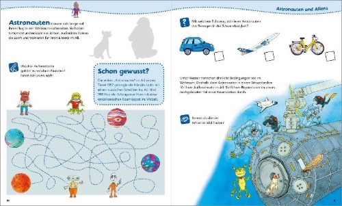 Buchcover und Innenansicht für das Buch: WAS IST WAS Junior Mitmach-Heft Weltraum