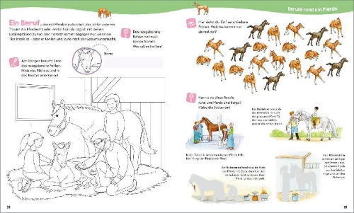 Buchcover und Innenansicht für das Buch: WAS IST WAS Junior Mitmach-Heft Pferde & Ponys