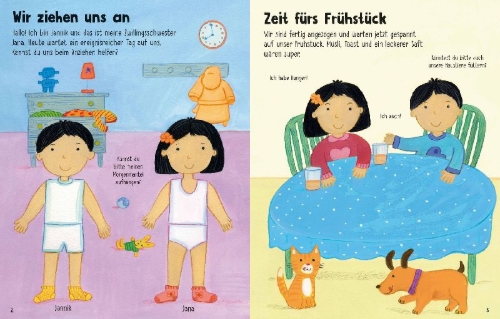 Buchcover und Innenansicht für das Buch: Mein erstes Anzieh-Stickerbuch: Durch den Tag