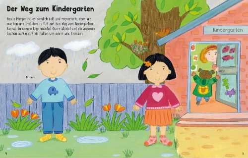 Buchcover und Innenansicht für das Buch: Mein erstes Anzieh-Stickerbuch: Durch den Tag