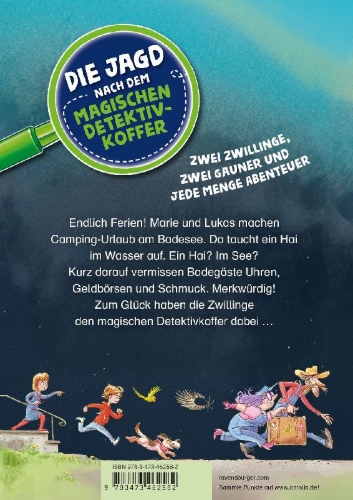 Buchcover und Innenansicht für das Buch: Die Jagd nach dem magischen Detektivkoffer, Band 8 - Ein Hai im Badesee