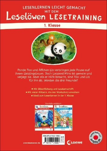 Buchcover und Innenansicht für das Buch: Leselöwen Lesetraining 1. Klasse - Ein Panda in der Dschungelschule