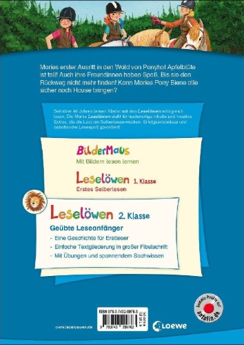 Buchcover und Innenansicht für das Buch: Leselöwen 2. Klasse - Der erste Ausritt auf Ponyhof Apfelblüte