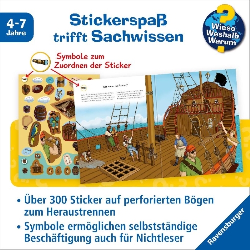 Buchcover und Innenansicht für das Buch: Wieso? Weshalb? Warum? Stickerheft: Piraten