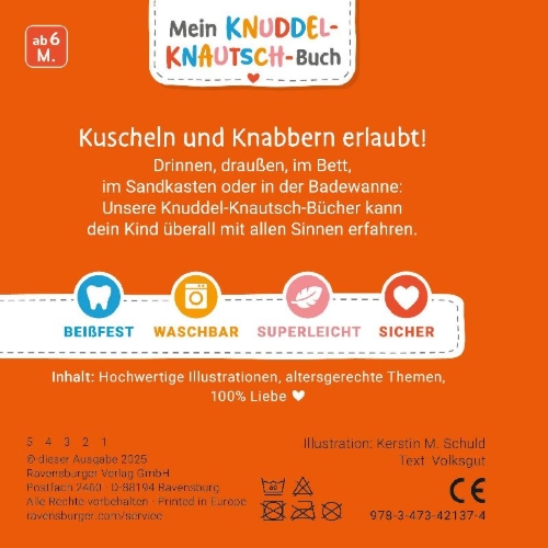 Buchcover und Innenansicht für das Buch: Mein Knuddel-Knautsch-Buch: Alle meine Kinderreime; weiches Stoffbuch, waschbares Badebuch, Babyspielzeug ab 6 Monate