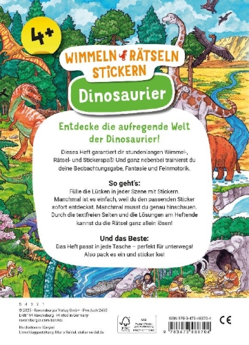 Buchcover und Innenansicht für das Buch: Wimmeln, Rätseln, Stickern: Dinosaurier