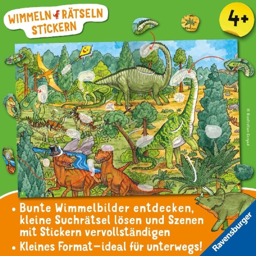 Buchcover und Innenansicht für das Buch: Wimmeln, Rätseln, Stickern: Dinosaurier