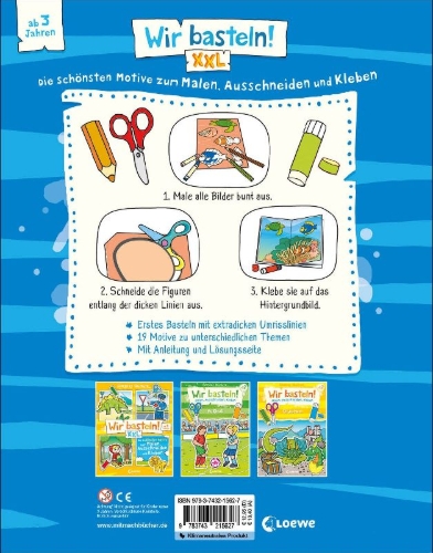 Buchcover und Innenansicht für das Buch: Wir basteln! XXL - Die schönsten Motive zum Malen, Ausschneiden und Kleben (blau)