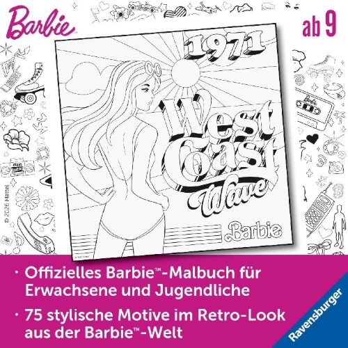 Buchcover und Innenansicht für das Buch: Barbie: Das offizielle Malbuch