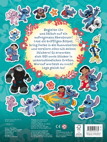 Buchcover und Innenansicht für das Buch: Disney Stitch: 1001 Sticker - Stickern - Rätseln - Ausmalen