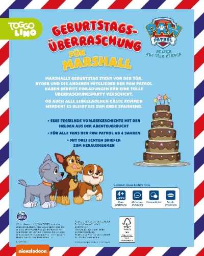 Buchcover und Innenansicht für das Buch: PAW Patrol Briefe-Geschichtenbuch: Geburtstagsüberraschung für Marshall