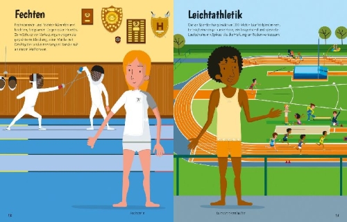 Buchcover und Innenansicht für das Buch: Mein Anzieh-Stickerbuch: Sportarten aus aller Welt