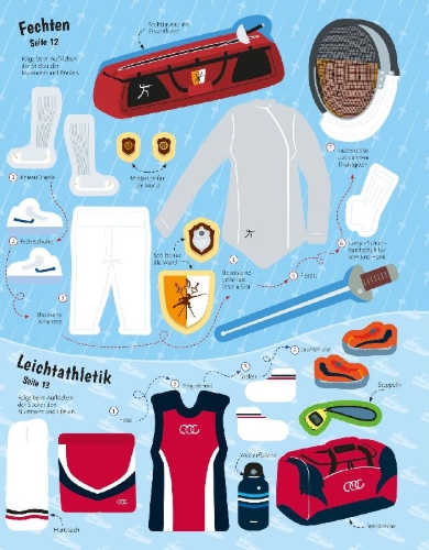 Buchcover und Innenansicht für das Buch: Mein Anzieh-Stickerbuch: Sportarten aus aller Welt