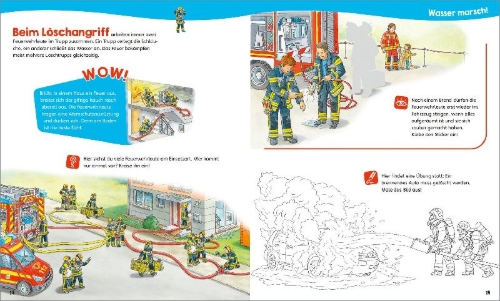Buchcover und Innenansicht für das Buch: WAS IST WAS Junior Mitmach-Heft Feuerwehr