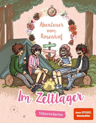 Buchcover und Innenansicht für das Buch: Abenteuer vom Rosenhof. Im Zeltlager