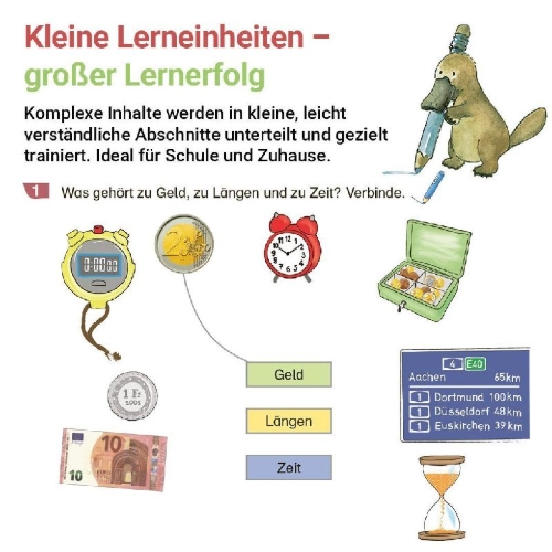 Buchcover und Innenansicht für das Buch: Rechnen mit Rico Schnabel Klasse 2, Heft 3 - Selbstständig Größen und Sachrechnen trainieren