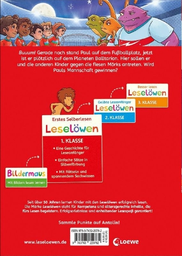 Buchcover und Innenansicht für das Buch: Leselöwen 1. Klasse - Ein galaktisch gutes Fußballspiel