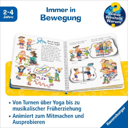 Buchcover und Innenansicht für das Buch: Wieso? Weshalb? Warum? junior, Band 71: Turnen, tanzen, Musik machen