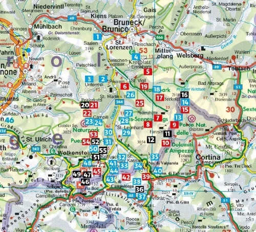 Buchcover und Innenansicht für das Buch: ROTHER Wanderführer Dolomiten - Gadertal: 55 Touren im Val Badia und in den Naturparks Puez-Geisler und Fanes-Sennes-Prags.