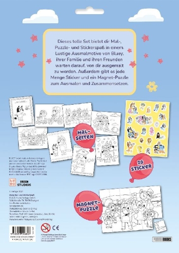 Buchcover und Innenansicht für das Buch: Bluey: Mein Mal- und Stickerspaß