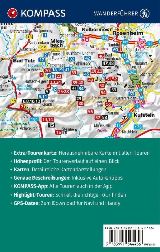Buchcover und Innenansicht für das Buch: KOMPASS Wanderführer Tegernsee, Schliersee, 60 Touren mit Extra-Tourenkarte