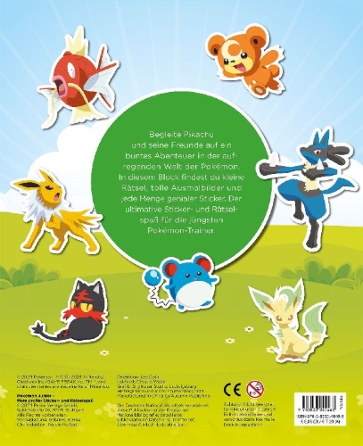 Buchcover und Innenansicht für das Buch: Pokémon Junior: Mein großer Sticker- und Rätselspaß