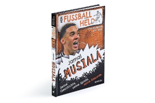 Buchcover und Innenansicht für das Buch: Mein Fußballheld Jamal Musiala  - Seine Geschichte, seine Spiele, seine Rekorde