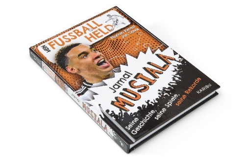 Buchcover und Innenansicht für das Buch: Mein Fußballheld Jamal Musiala  - Seine Geschichte, seine Spiele, seine Rekorde