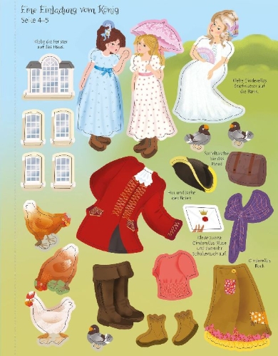 Buchcover und Innenansicht für das Buch: Mein Anziehpuppen-Stickerbuch Glitzer-Märchen: Cinderella
