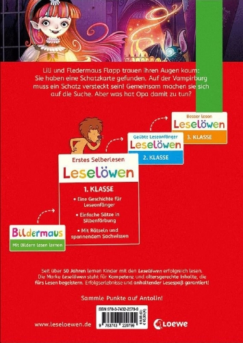 Buchcover und Innenansicht für das Buch: Leselöwen 1. Klasse - Der geheime Schatz der Vampire
