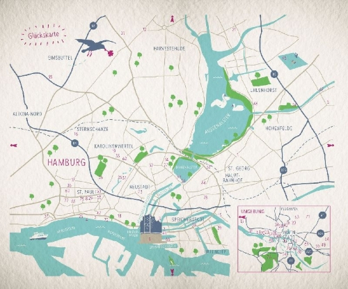 Buchcover und Innenansicht für das Buch: Glücksorte in Hamburg