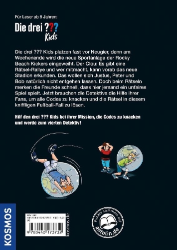 Buchcover und Innenansicht für das Buch: Die drei ??? Kids, Mission Fußball-Code