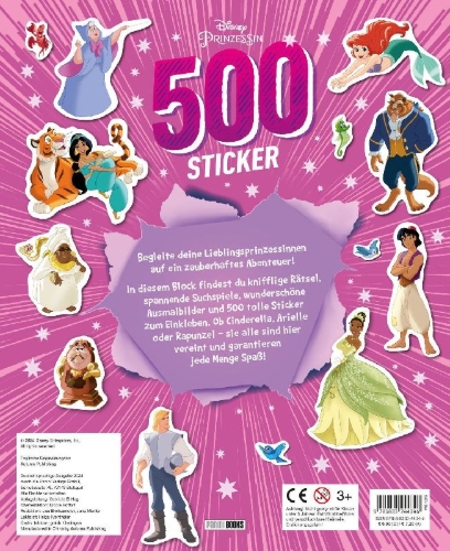 Buchcover und Innenansicht für das Buch: Disney Prinzessin: 500 Sticker - Stickern - Rätseln - Ausmalen
