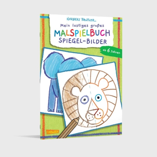 Buchcover und Innenansicht für das Buch: Mein lustiges großes Malspielbuch: Spiegel-Bilder (ab 6 Jahren)