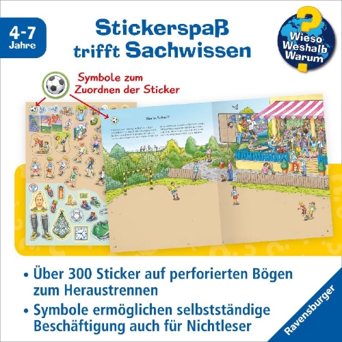 Buchcover und Innenansicht für das Buch: Wieso? Weshalb? Warum? Stickerheft: Fußball