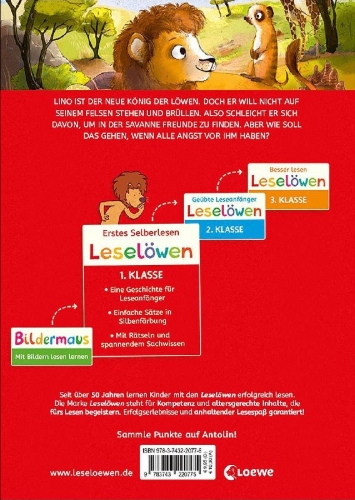 Buchcover und Innenansicht für das Buch: Leselöwen 1. Klasse - Ein Löwe findet Freunde (Großbuchstabenausgabe)